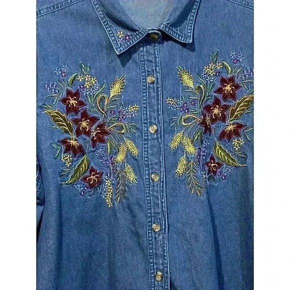 VTG Bobby Brooks Women 14W/16W Denim Shirt Embroidered Floral Button up 90s 80s - Picture 3 of 7